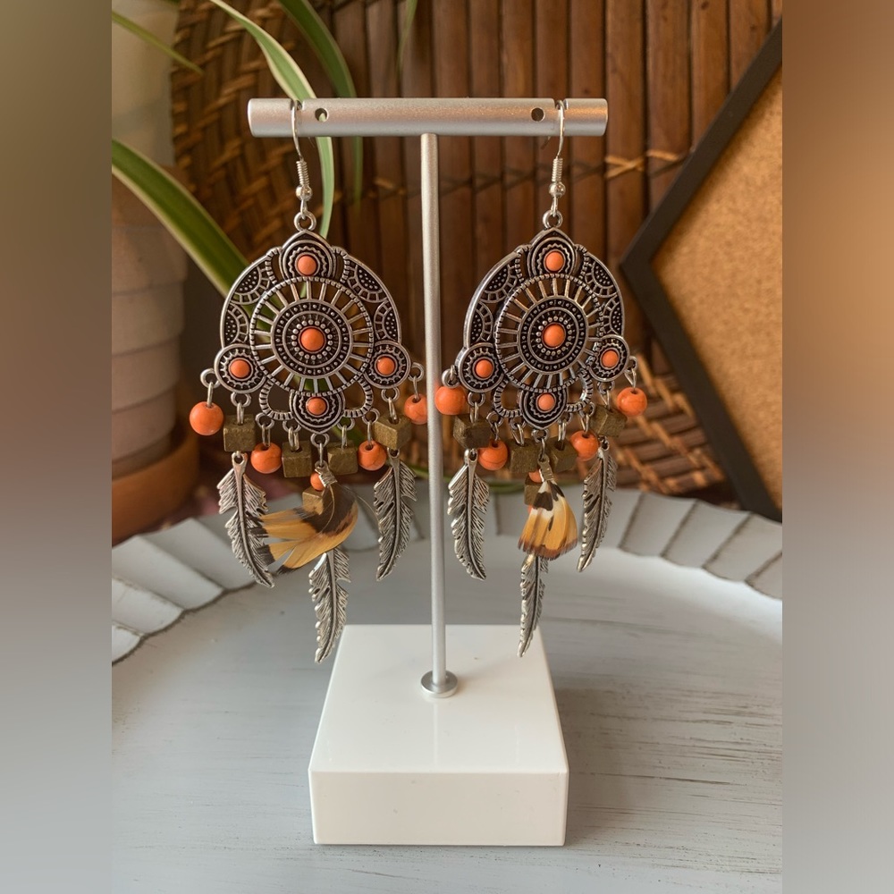 Bohemian Tribal Orange, Wood and Feather Earrings